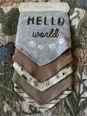 Kyle & Deena Gray and Brown "Hello World" Baby Bandana Bib Set